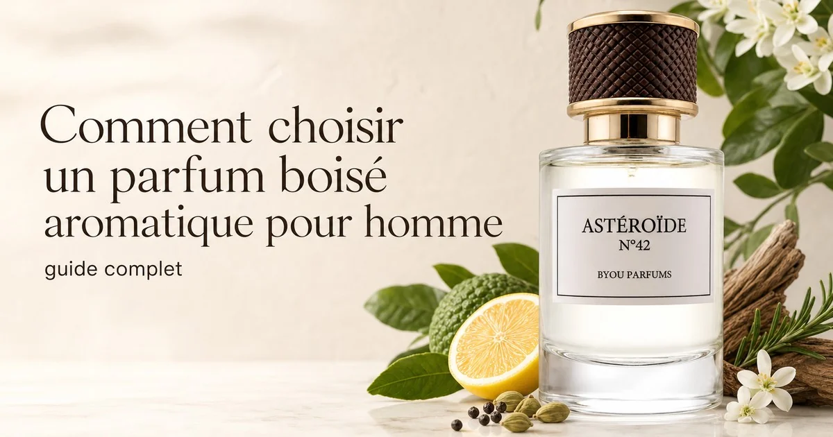 Flacon de parfum boisé aromatique pour homme avec notes naturelles et concentration intense