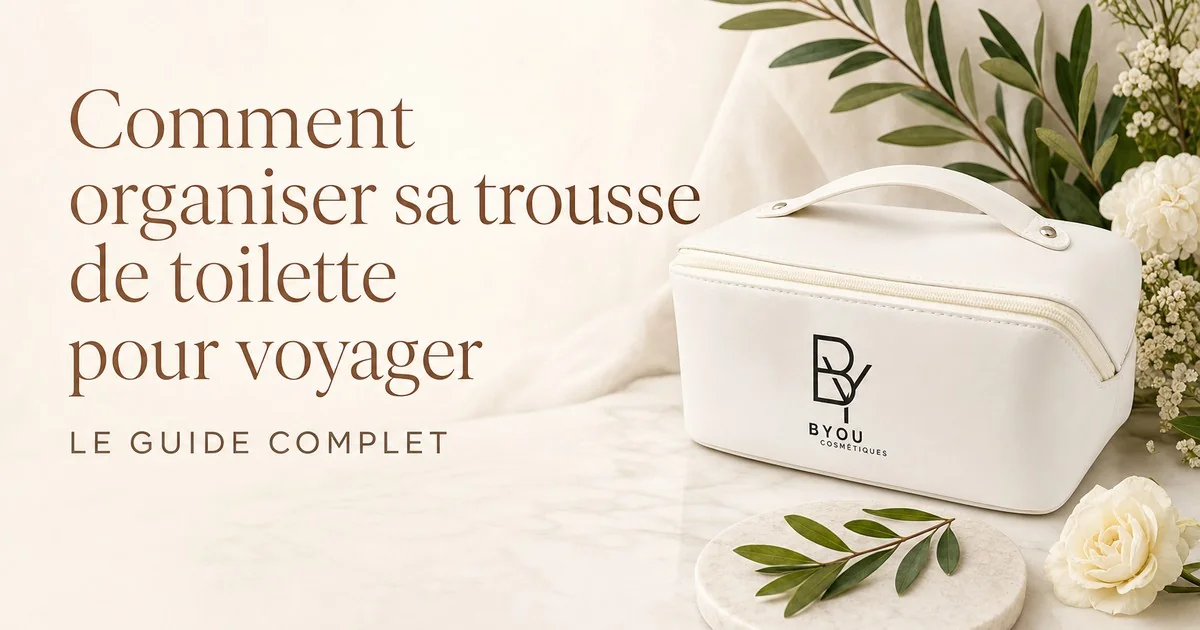 Trousse de toilette en cuir végan ivoire ouverte avec produits cosmétiques rangés pour voyage