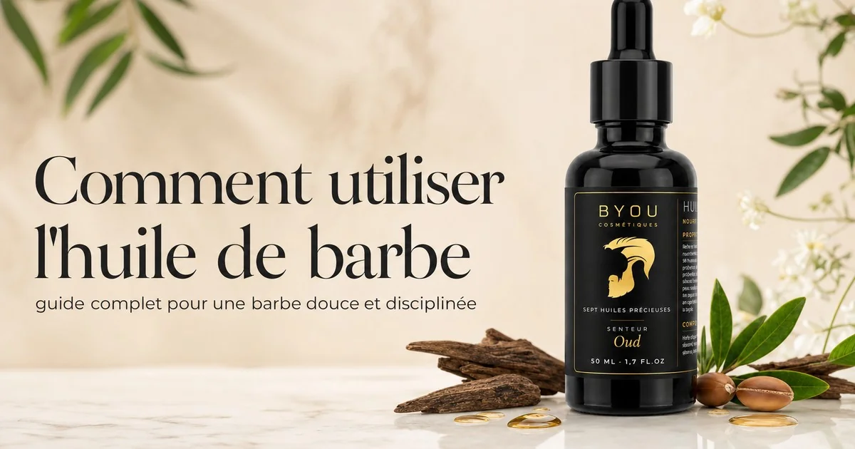 Application d'huile de barbe naturelle aux 7 huiles senteur oud sur une barbe masculine