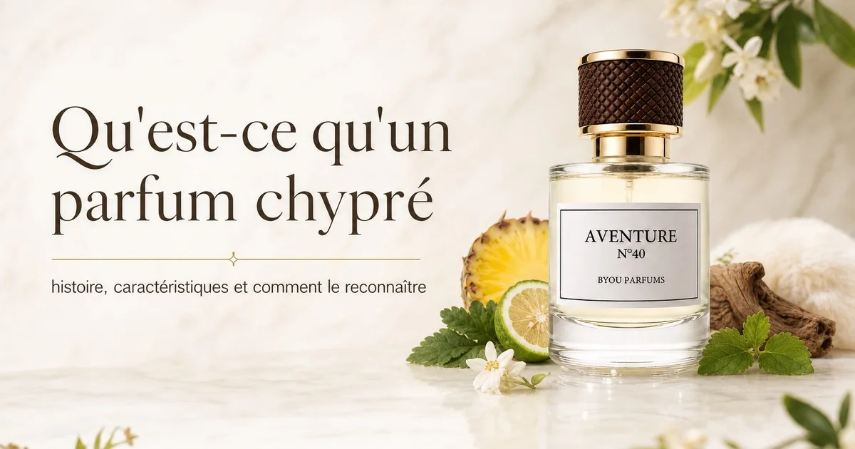 Flacon de parfum chypré Aventure N°40 sur fond naturel évoquant la Méditerranée