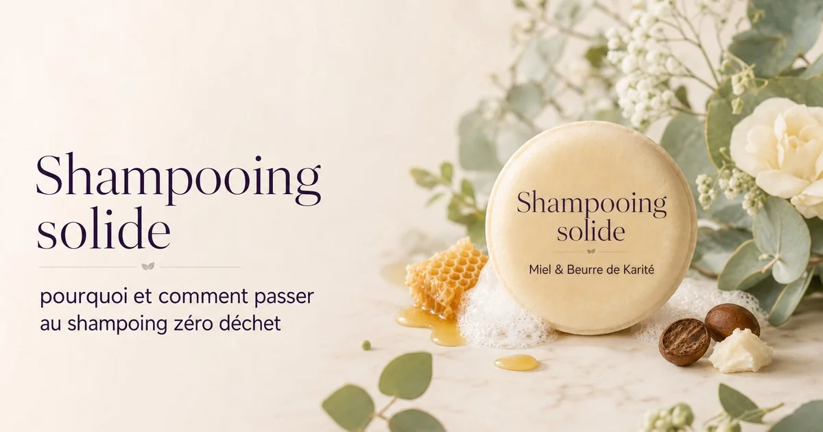 Natural honey and shea butter shampoo bar on a wooden soap dish, zero waste