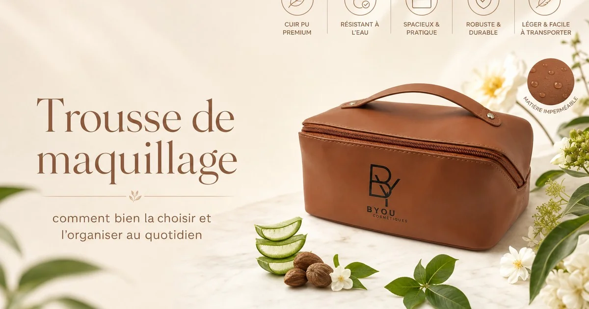 Trousse de maquillage en cuir végan camel ouverte avec cosmétiques naturels rangés