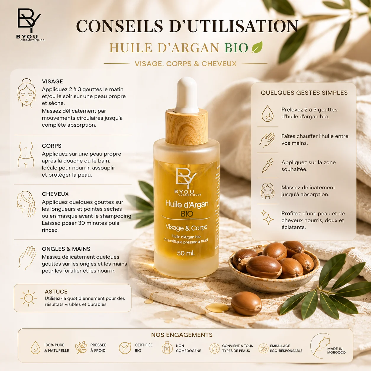 Huile d'Argan Bio | Soin Cheveux et Visage | 100% Pure du Maroc