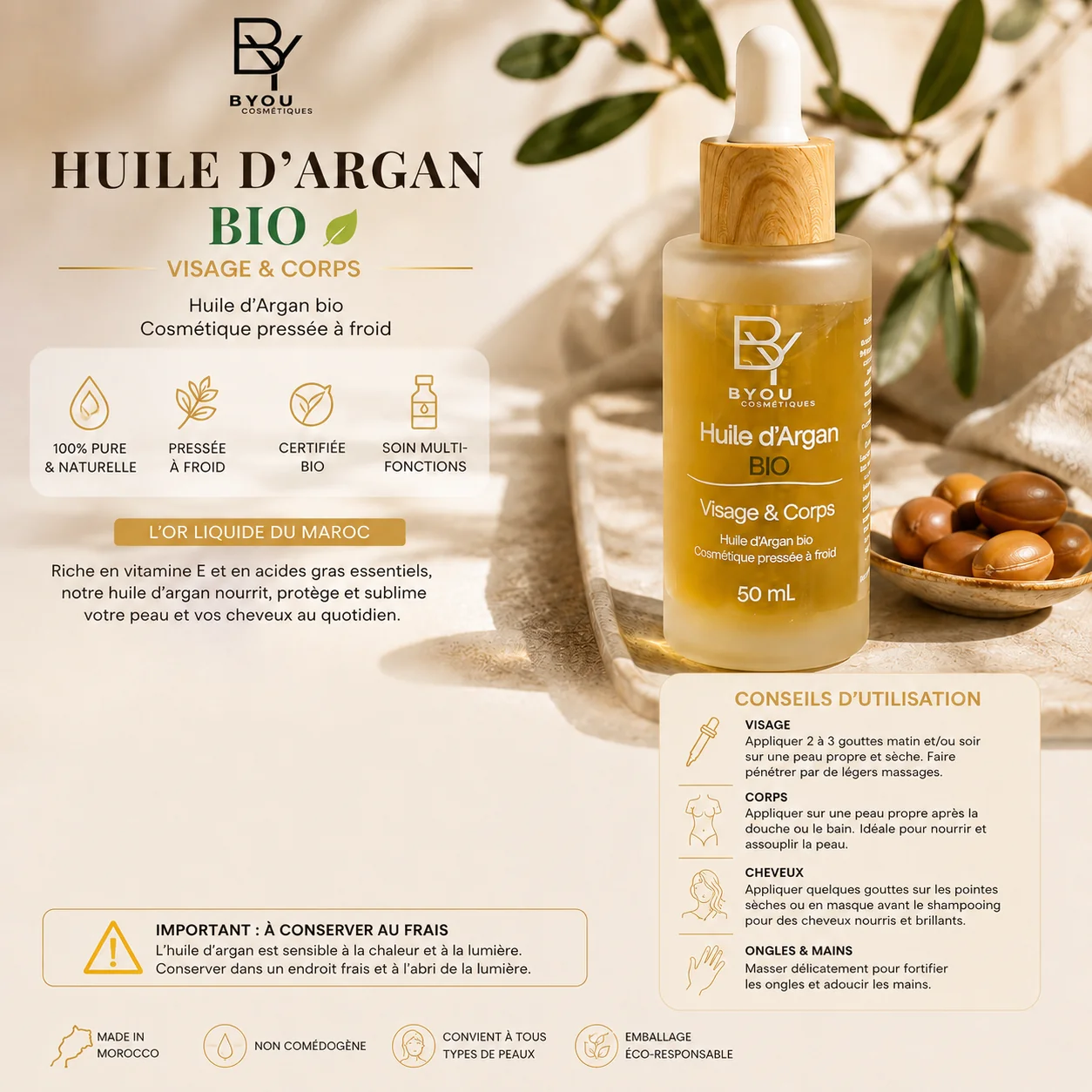 Huile d'Argan Bio | Soin Cheveux et Visage | 100% Pure du Maroc