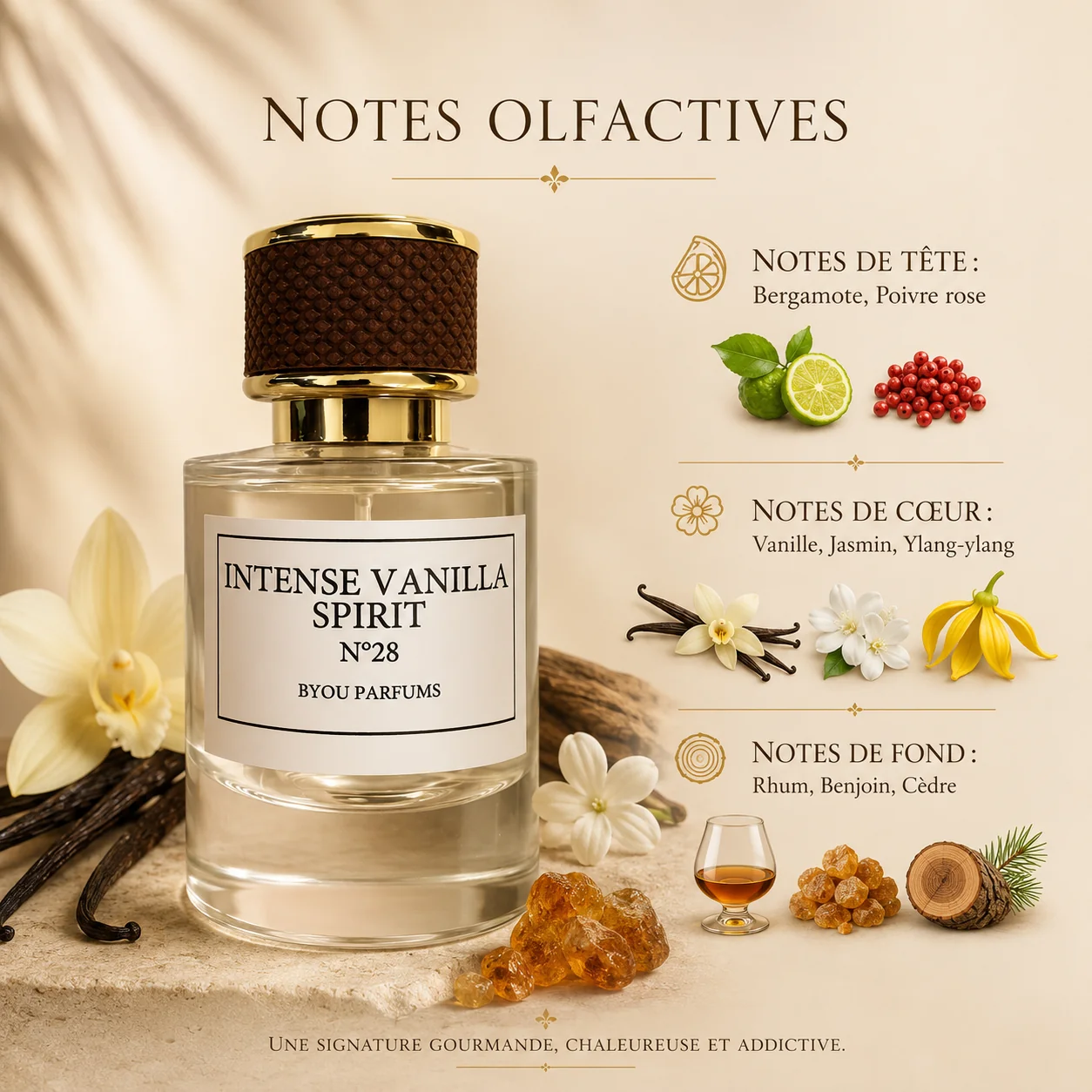 Intense Vanilla Spirit N°28 — parfum mixte oriental ambré, élixir de parfum 50 ml | Byou Cosmétiques