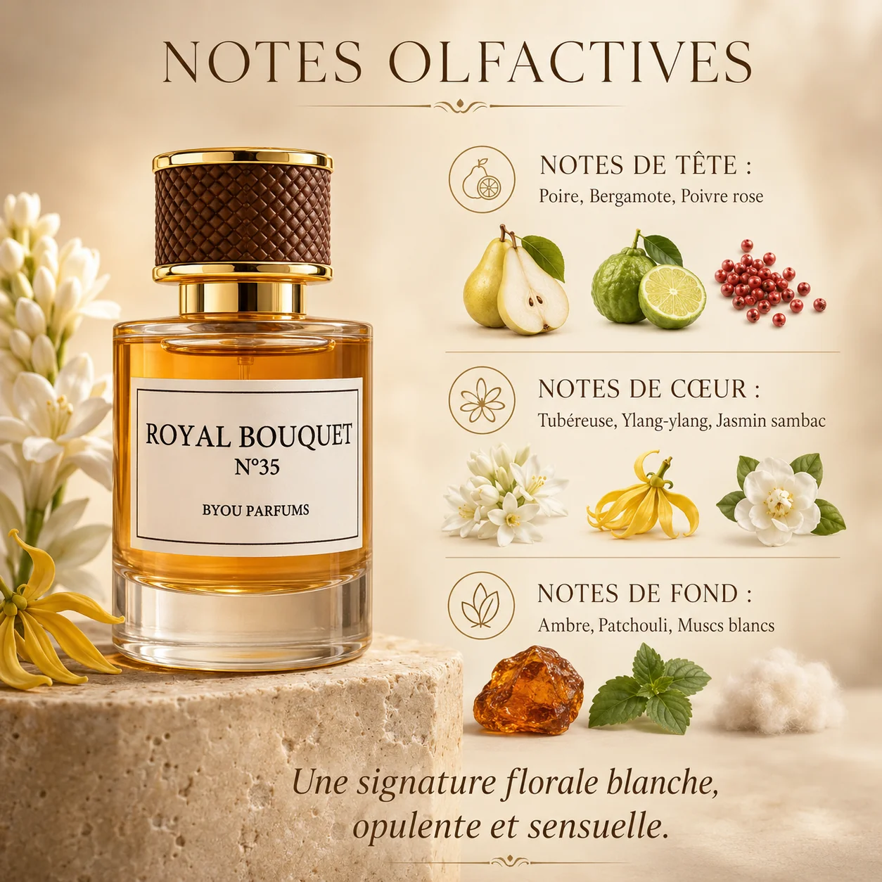 Royal Bouquet N°35 — parfum mixte oriental ambré, élixir de parfum 50 ml | Byou Cosmétiques