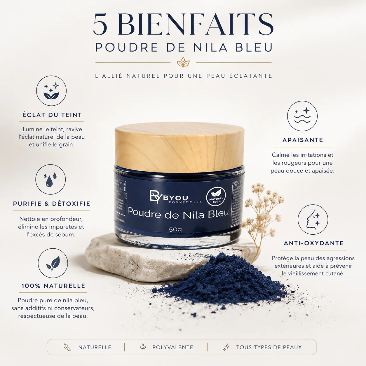 Poudre de Nila Bleu BYOU Cosmétiques, soin colorant naturel 50g, made in Maroc