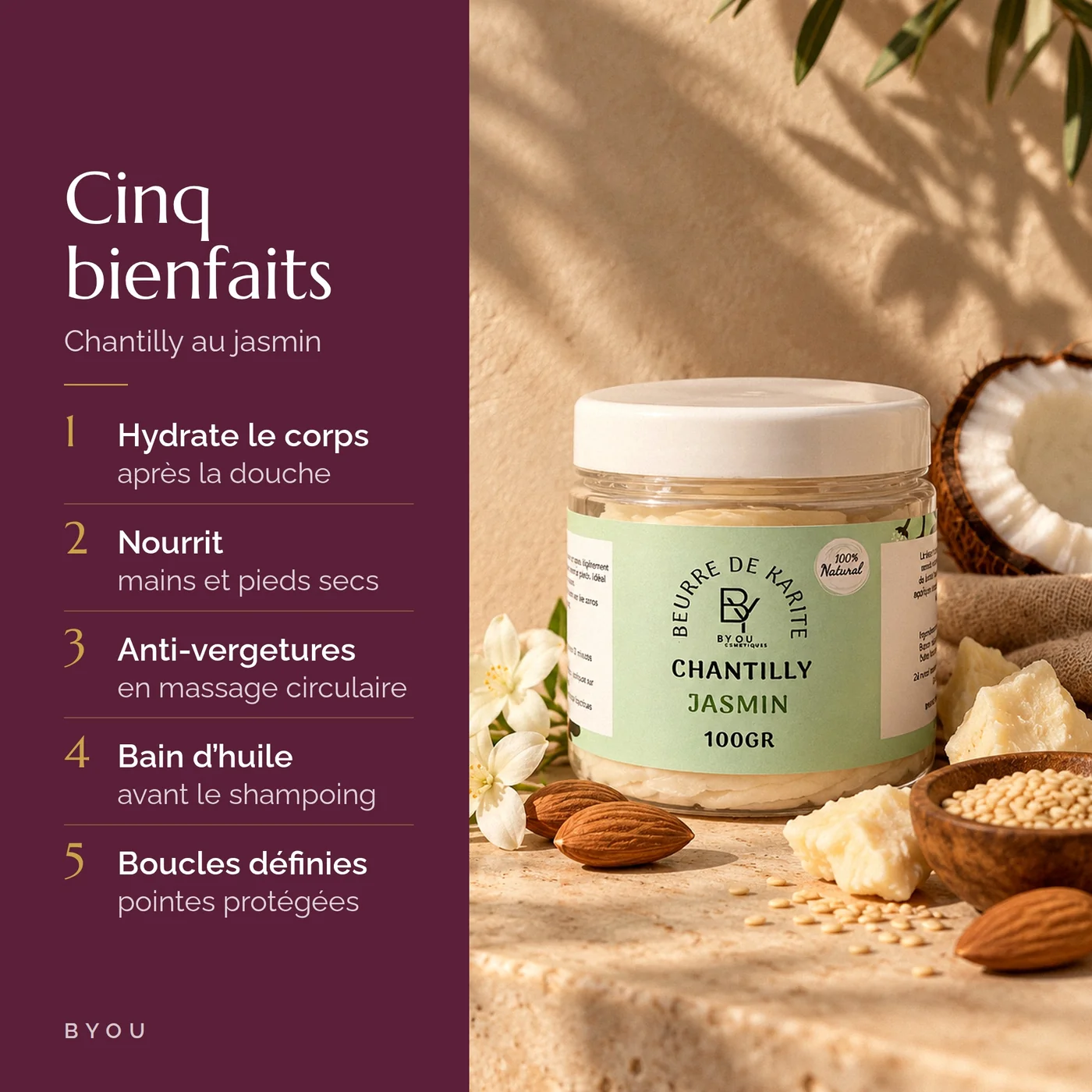 Chantilly de karité au jasmin : hydrate le corps, nourrit mains et pieds, soin anti-vergetures, bain d’huile, boucles définies