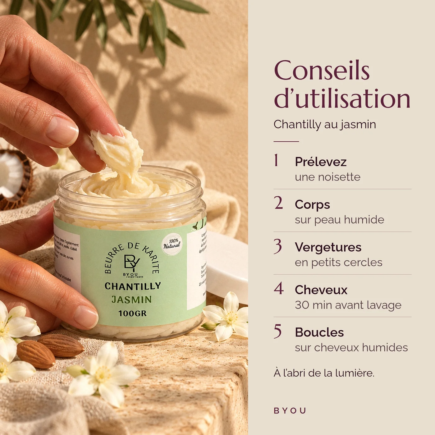Conseils d’utilisation de la chantilly de karité au jasmin : une noisette sur le corps, les vergetures, les cheveux et les boucles