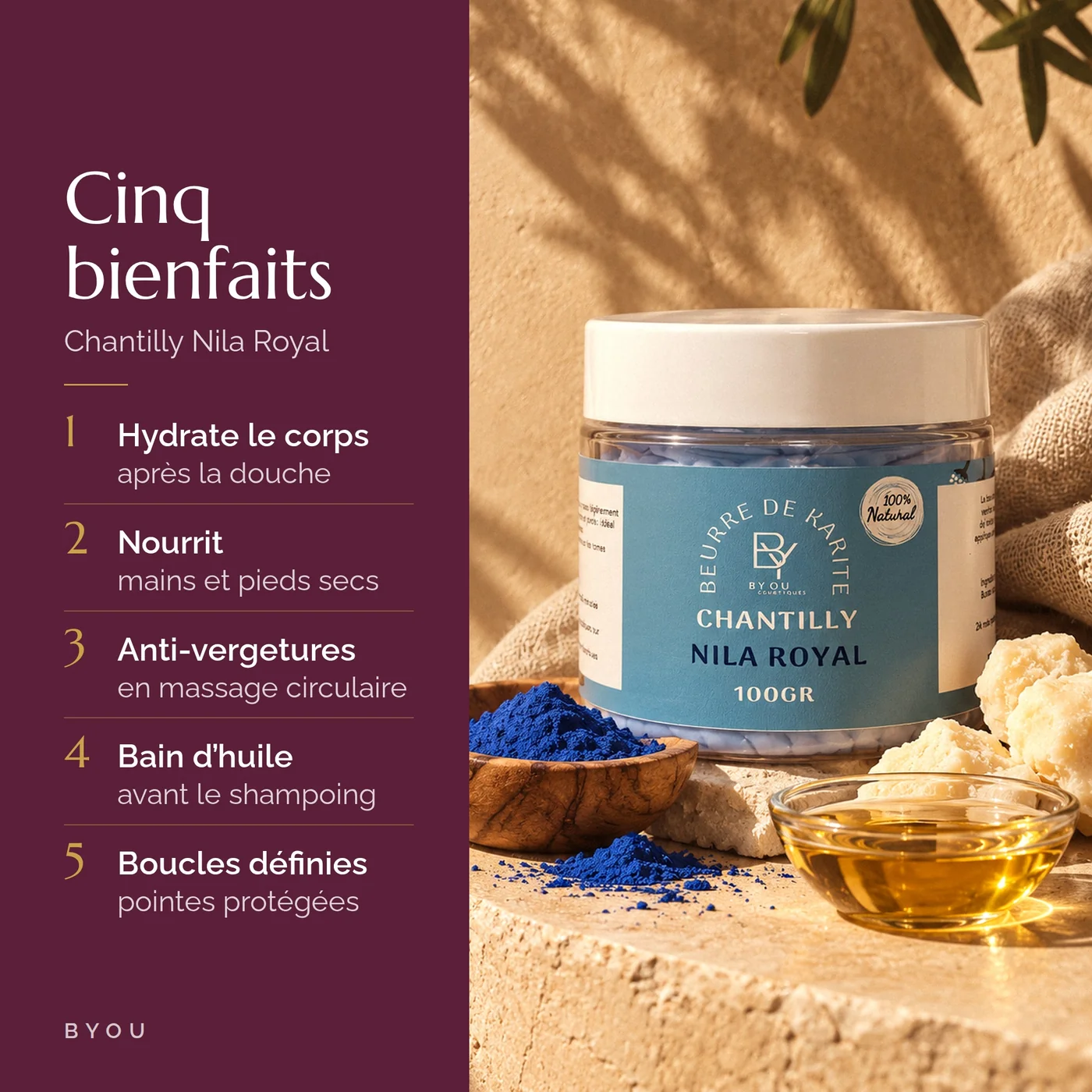 Chantilly de karité au nila bleu : hydrate le corps, nourrit mains et pieds, soin anti-vergetures, bain d’huile, boucles définies
