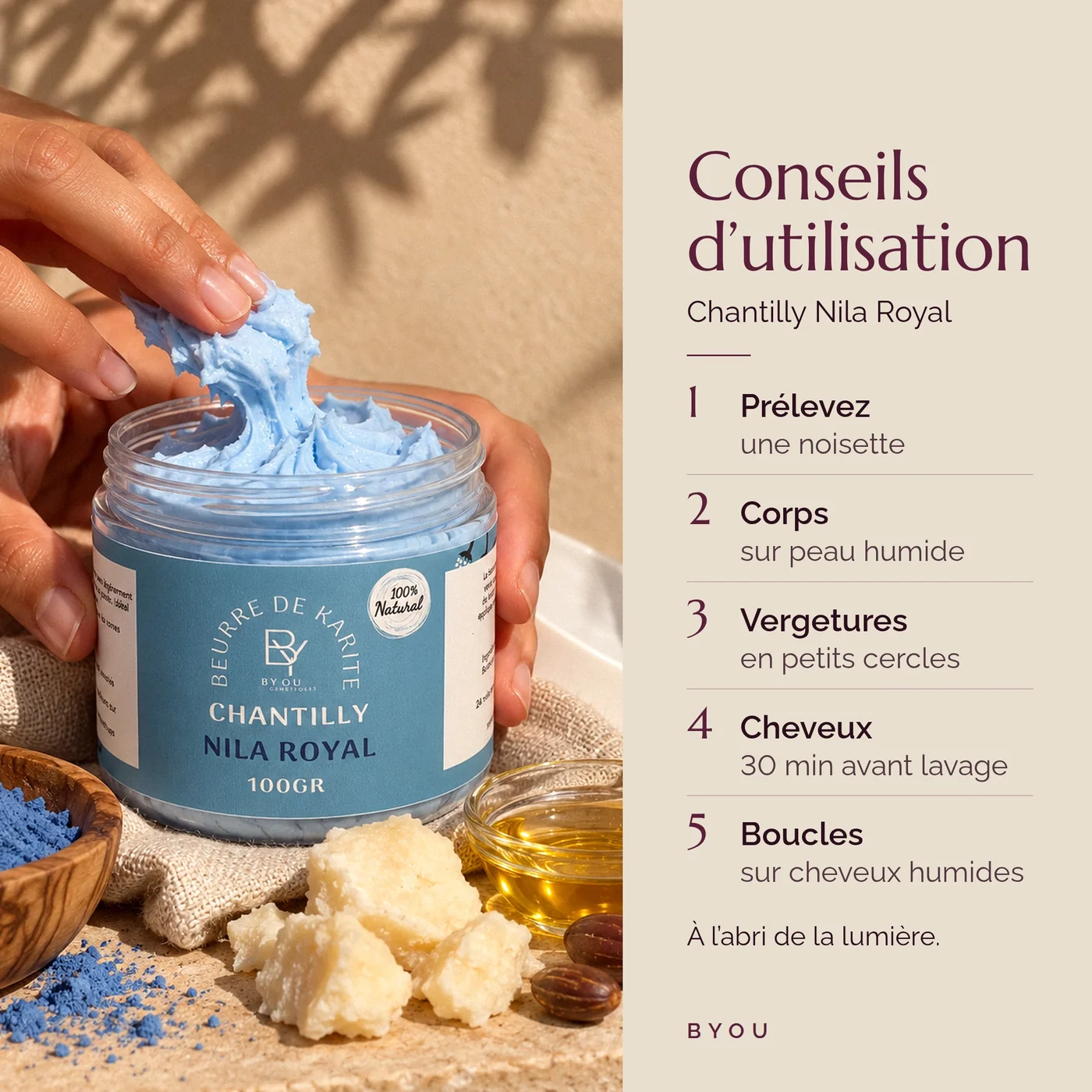 Conseils d’utilisation de la chantilly de karité Nila Royal : une noisette sur le corps, les vergetures, les cheveux et les boucles