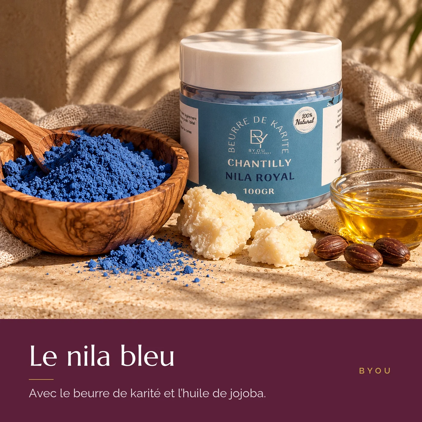 Nila bleu, beurre de karité et huile de jojoba, les ingrédients de la chantilly Nila Royal BYOU