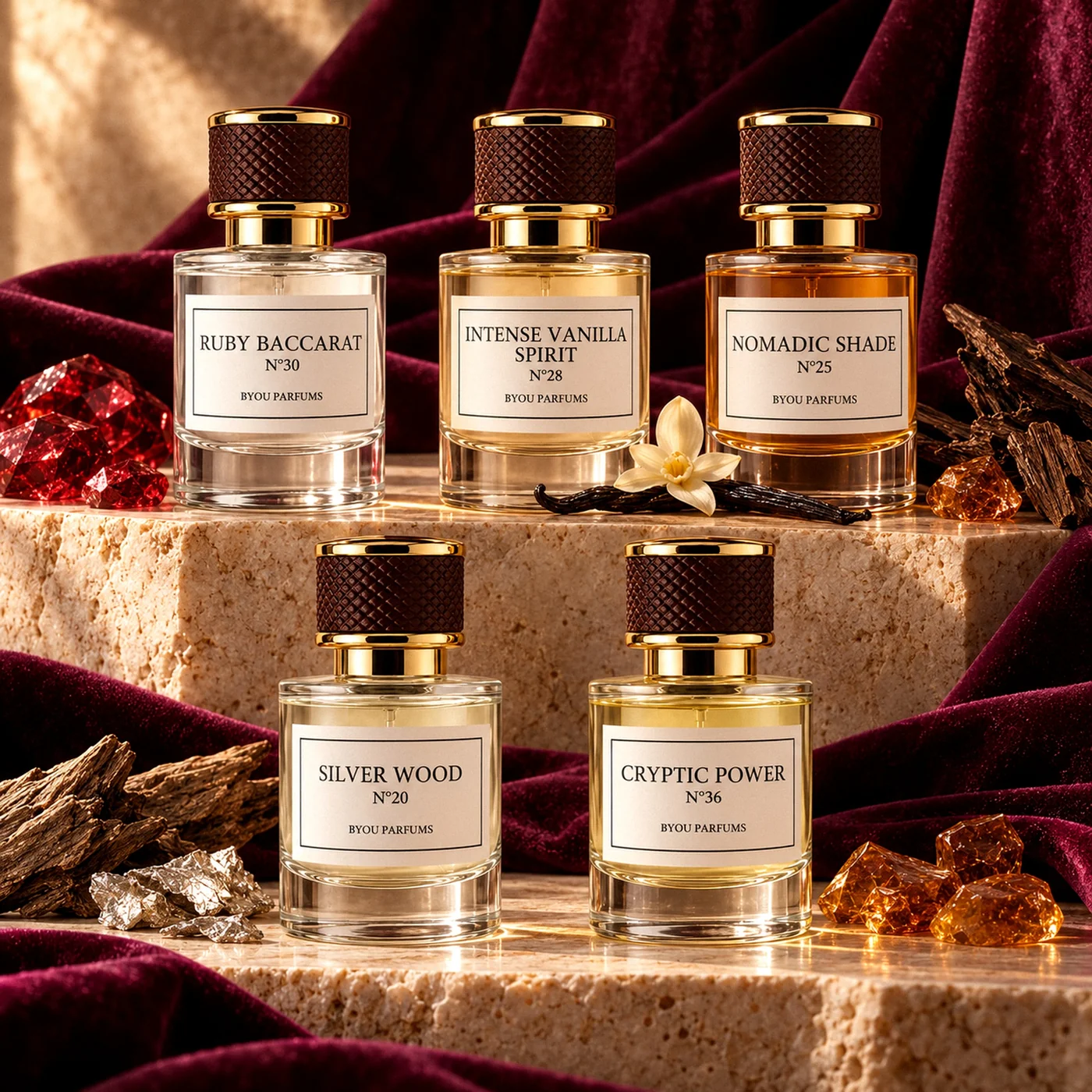 Coffret 5 parfums de niche Byou sur velours prune et travertin