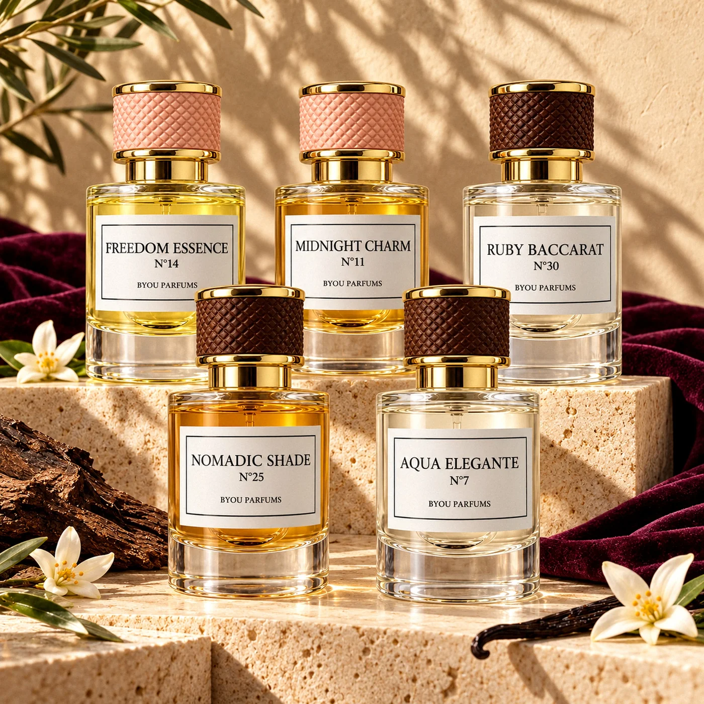Coffret 5 parfums toutes collections Byou sur pierre sable