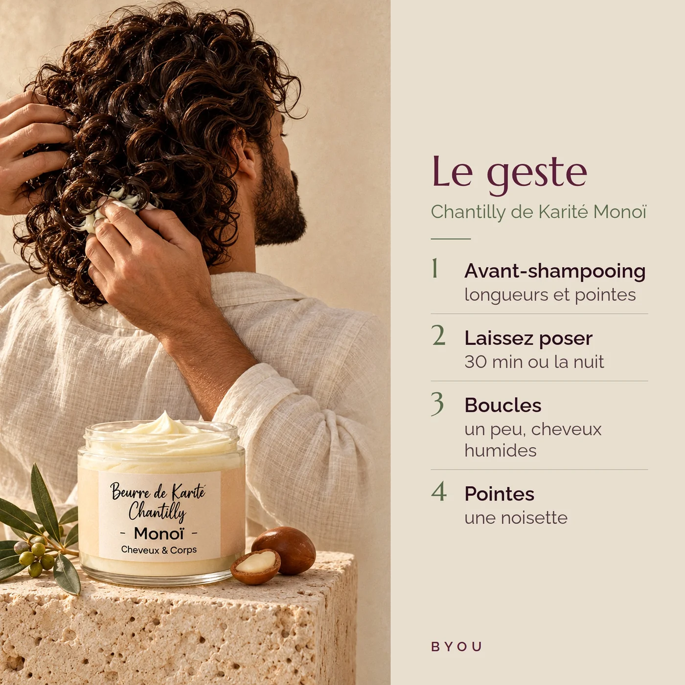 Application de la chantilly de karité monoï Byou sur cheveux bouclés