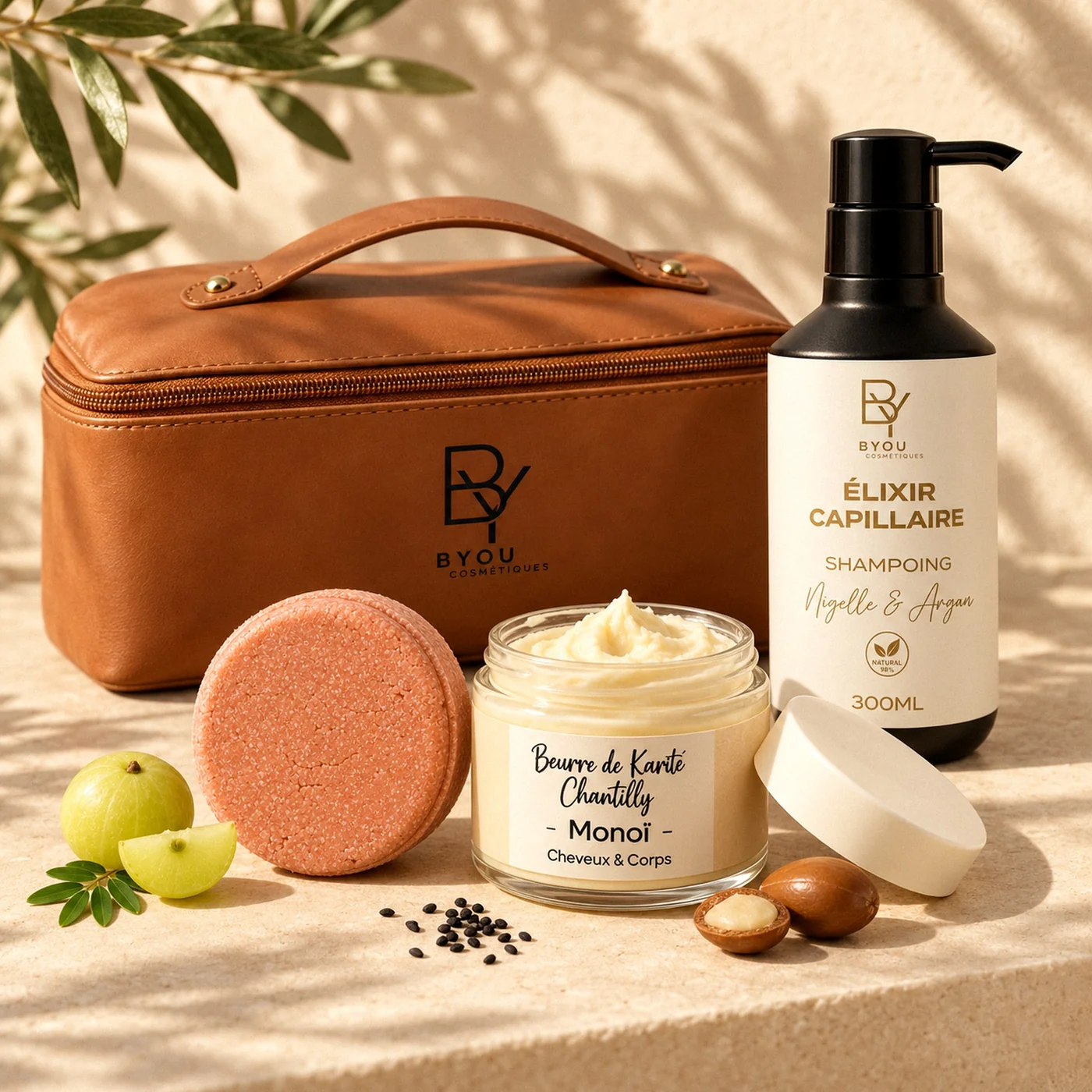 Coffret Cheveux Bouclés Byou sur pierre sable avec trousse camel fermée