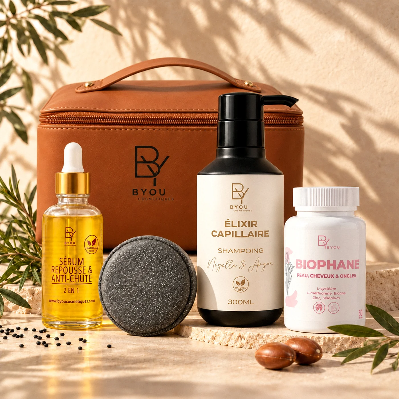 Haarwuchs-Set — Serum, Shampoos, Biophane & Kulturtasche — Naturkosmetik von Byou