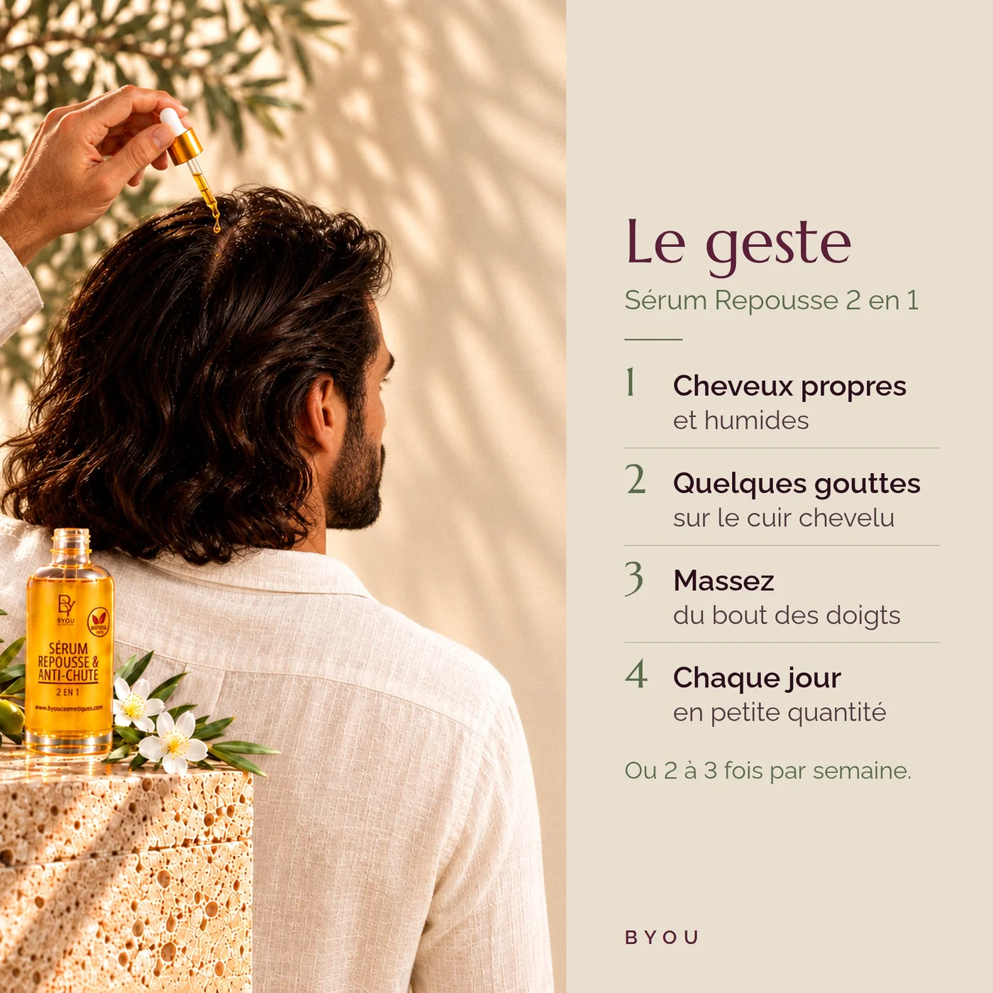 Application du sérum repousse & anti-chute 2 en 1 Byou sur le cuir chevelu, cheveux longs