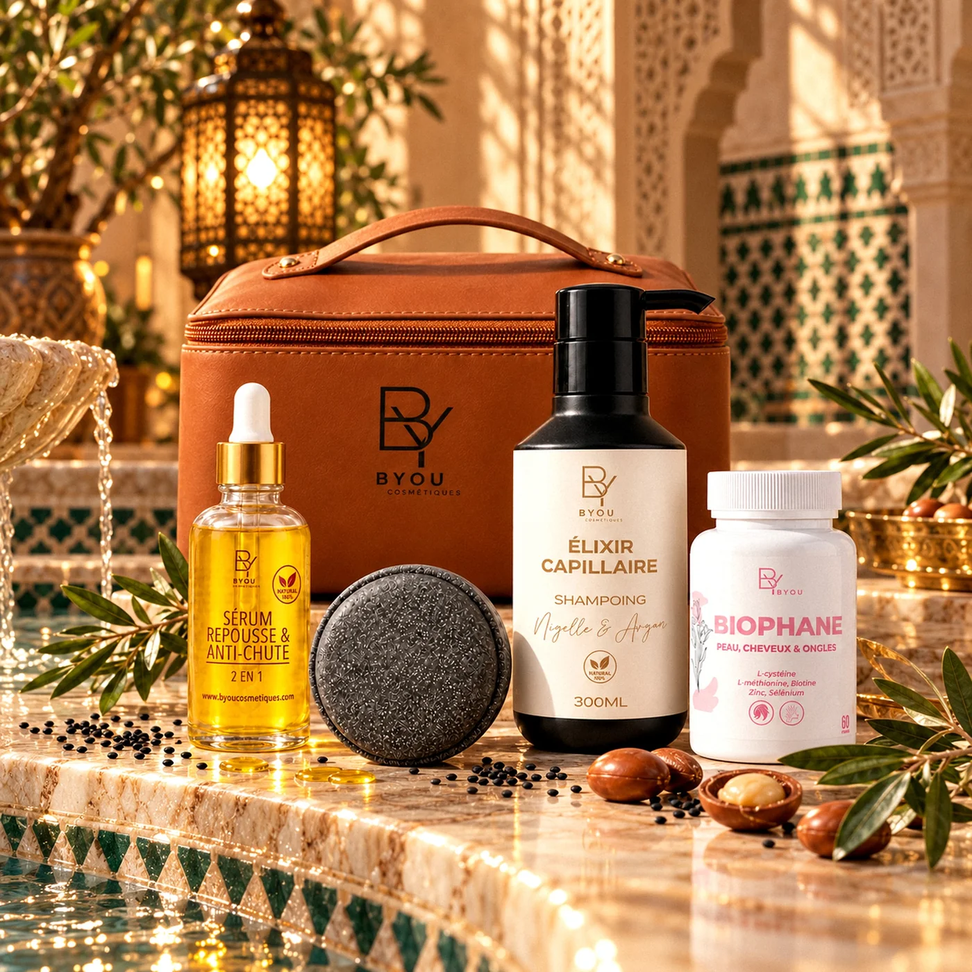 Coffret Repousse Cheveux Byou dans un riad marocain, trousse camel fermée