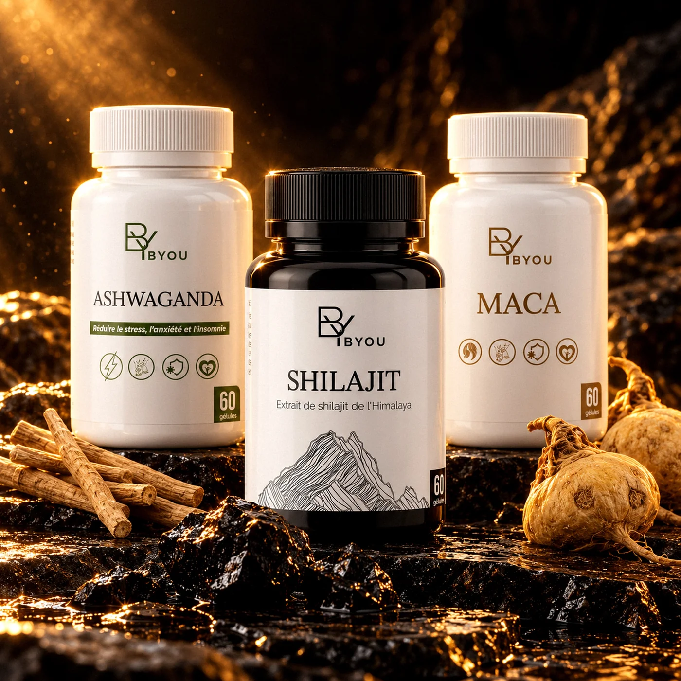 Coffret Vitalité Sportif Byou : compléments ashwagandha, maca et shilajit