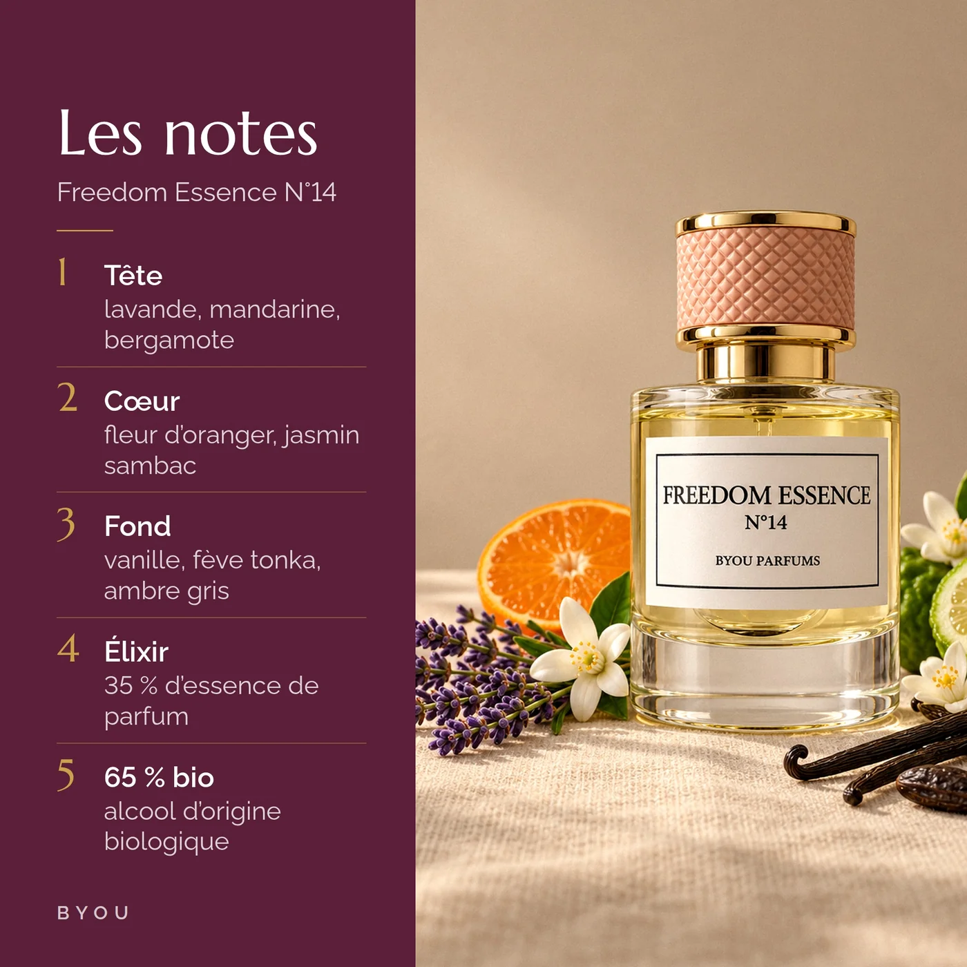Notes olfactives de Freedom Essence N°14 : lavande, fleur d'oranger, vanille, fève tonka