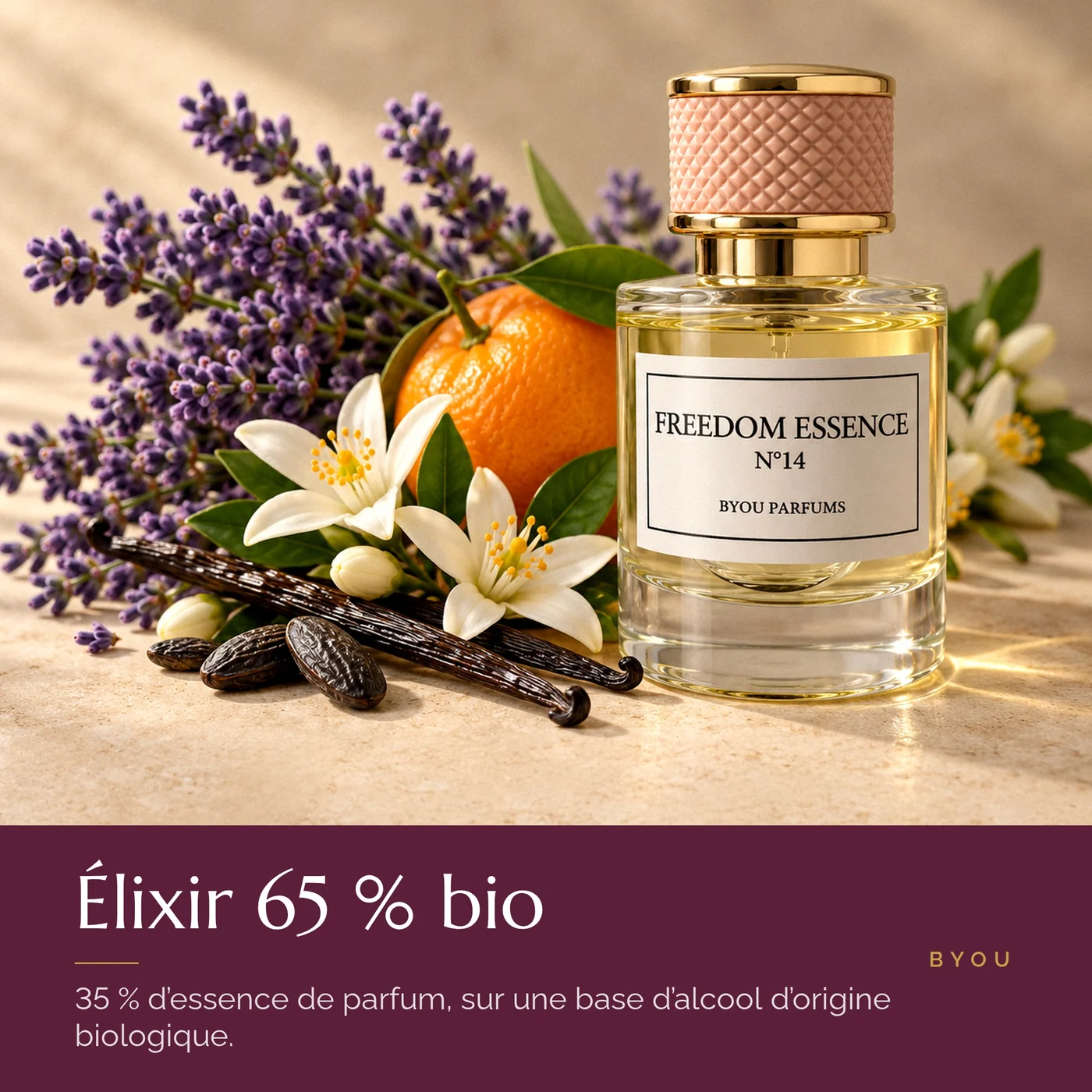 Ingrédients de Freedom Essence N°14 : élixir 35 % d'essence sur une base 65 % bio
