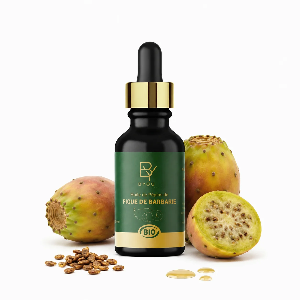 Huile pure de pépins de figue de barbarie bio BYOU Cosmétiques, soin visage et cheveux 100% naturel 15ml