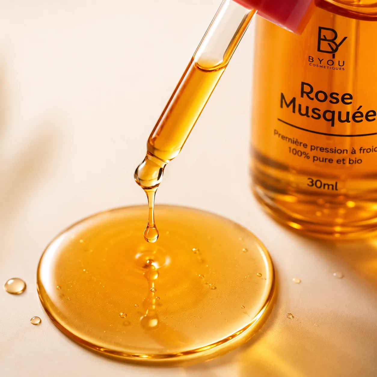 Goutte d'huile de rose musquée bio Byou tombant de la pipette — texture fluide dorée d'un soin visage 100 % naturel