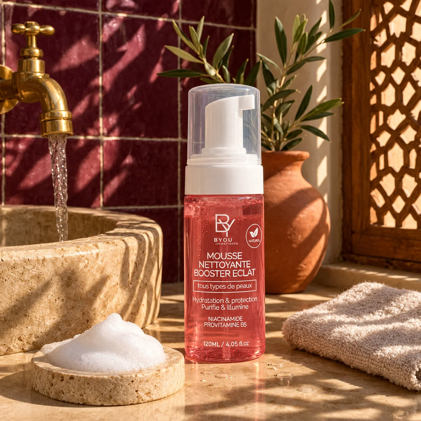 Mousse nettoyante visage Booster Éclat sur une vasque en pierre dans une salle de bain marocaine