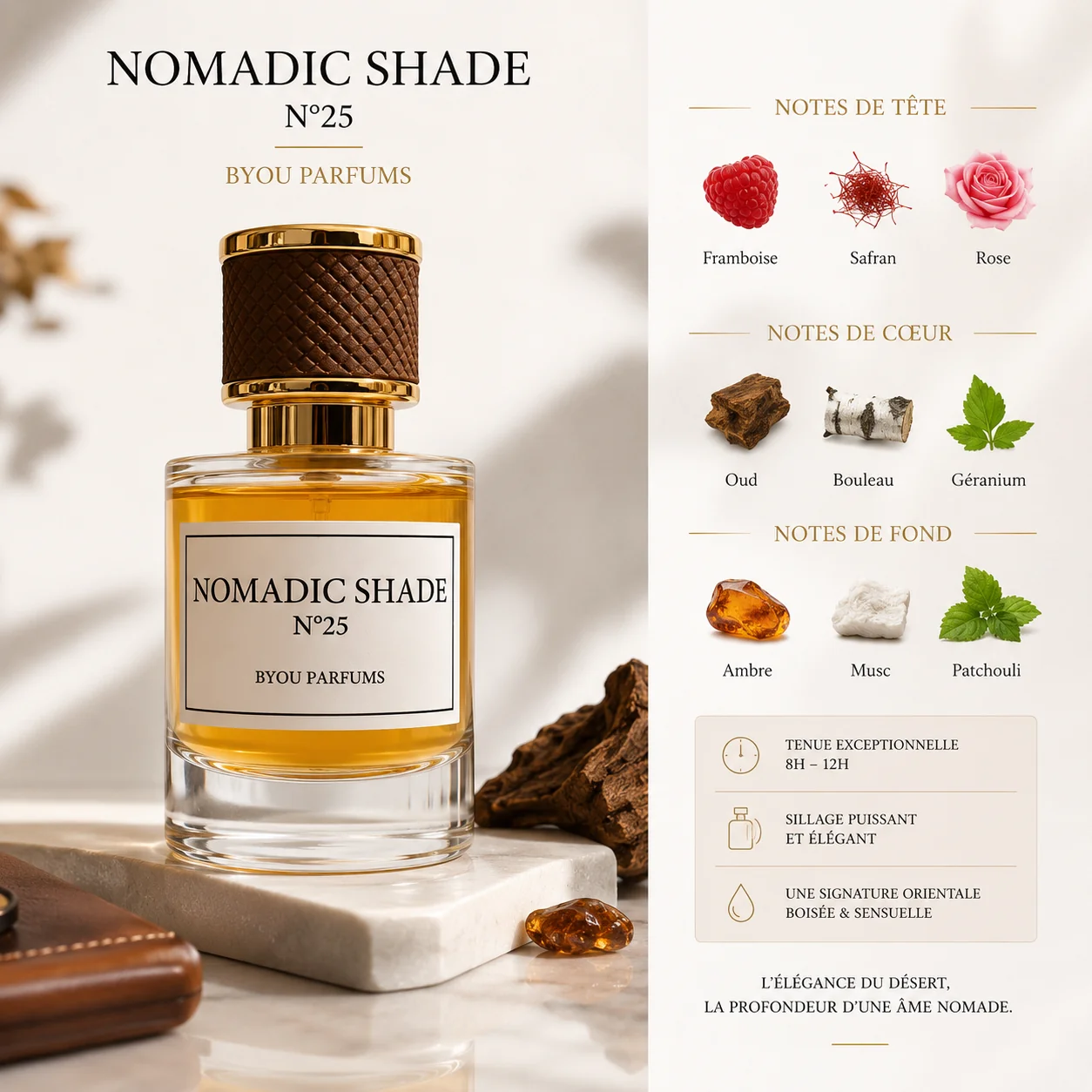 Nomadic Shade N°25 — parfum mixte oriental boisé, élixir de parfum 50 ml | Byou Cosmétiques
