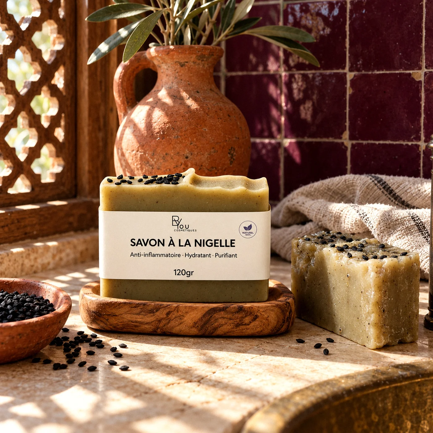 Savon à la nigelle posé sur un porte-savon en bois dans une salle de bain marocaine