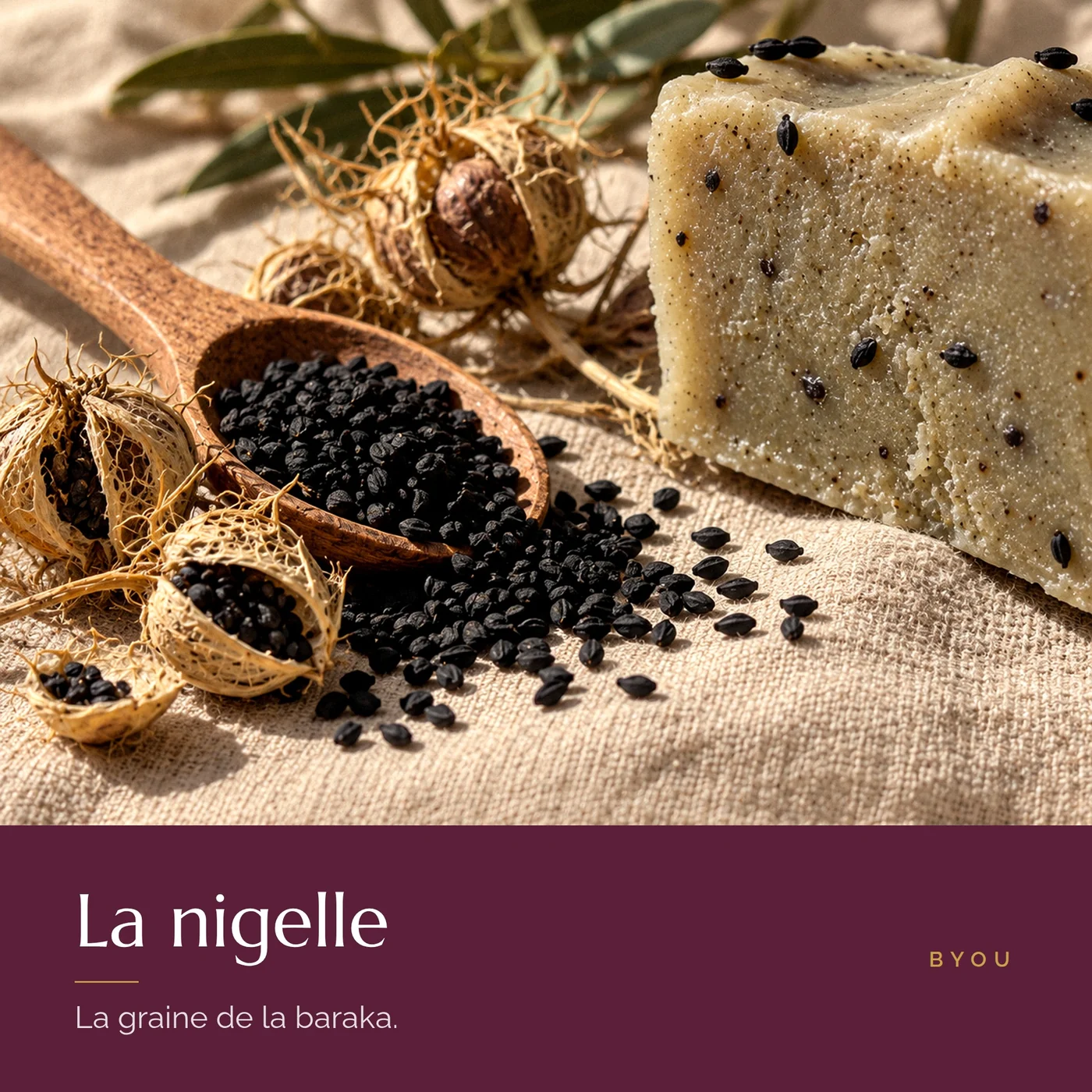 Graines de nigelle dans une cuillère en bois et savon artisanal, la graine de la baraka