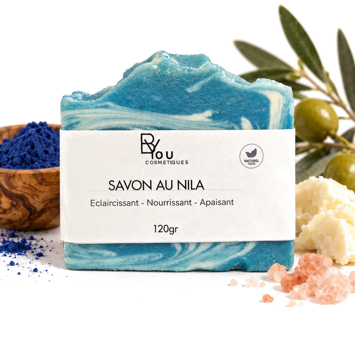 Savon au nila bleu BYOU, 120 g, avec bol de poudre de nila, beurre de karité, sel rose et rameau d’olivier
