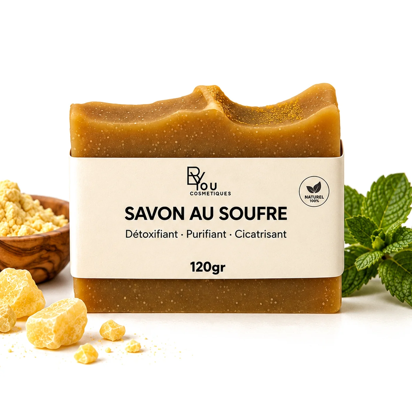 Savon artisanal au soufre BYOU, 120 g, avec bol de soufre, cristaux de soufre et menthe