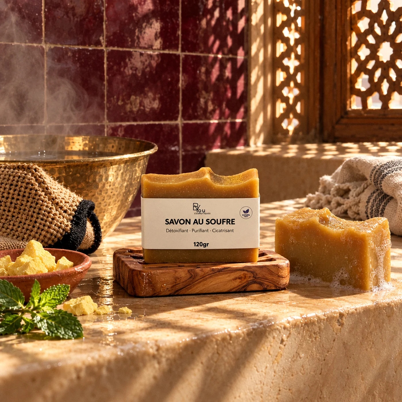 Savon au soufre posé sur un porte-savon en bois dans un hammam marocain