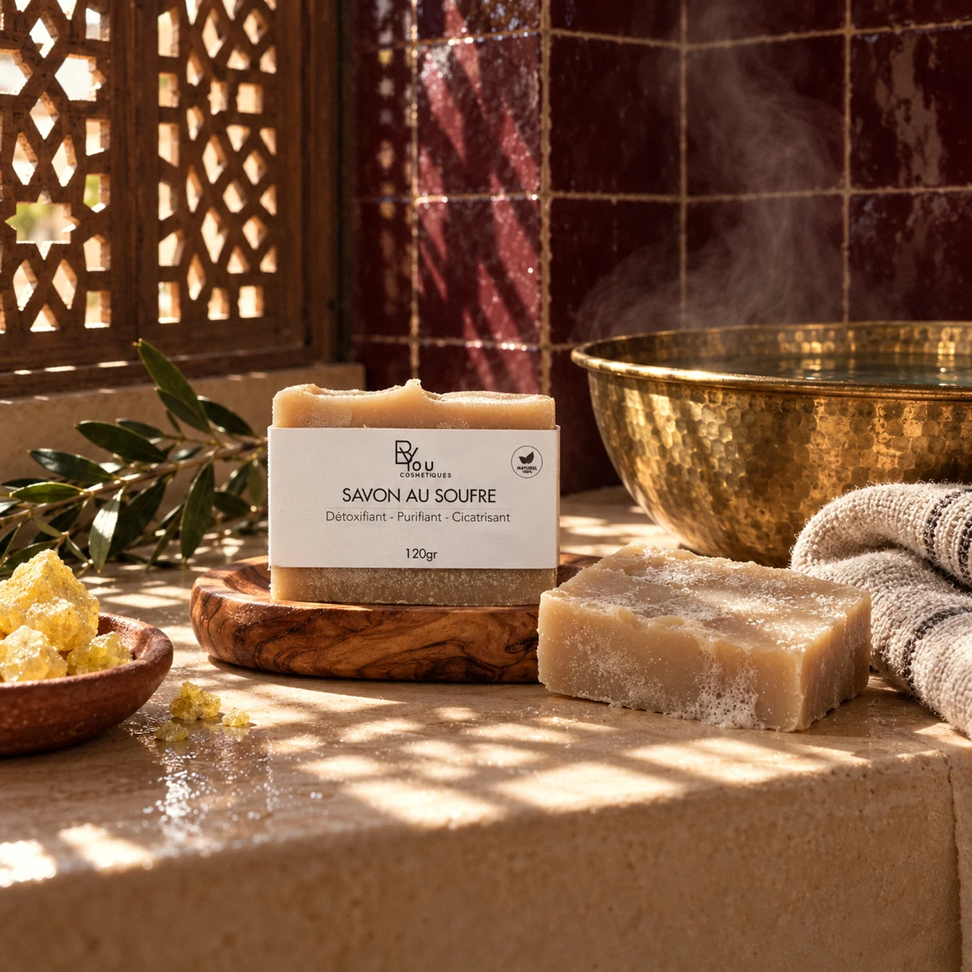 Savon au soufre posé sur un porte-savon en bois dans un hammam marocain