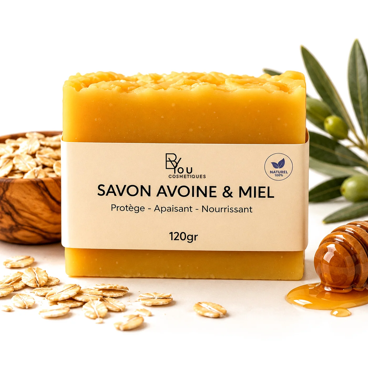 Savon artisanal avoine & miel BYOU, 120 g, avec bol d’avoine, cuillère à miel et rameau d’olivier