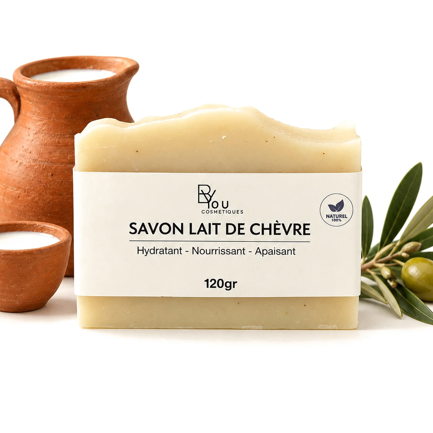 Savon artisanal au lait de chèvre BYOU, 120 g, avec pichet en terre cuite et rameau d’olivier