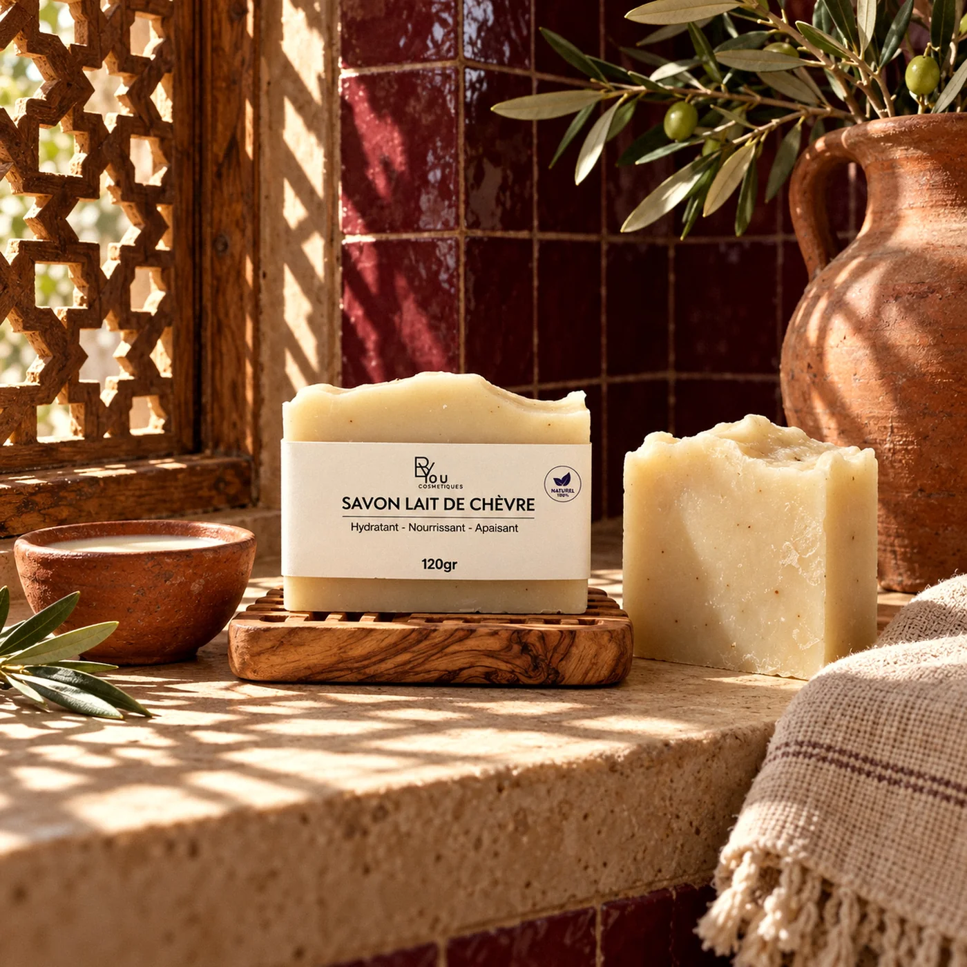 Savon au lait de chèvre posé sur un porte-savon en bois dans une salle de bain marocaine
