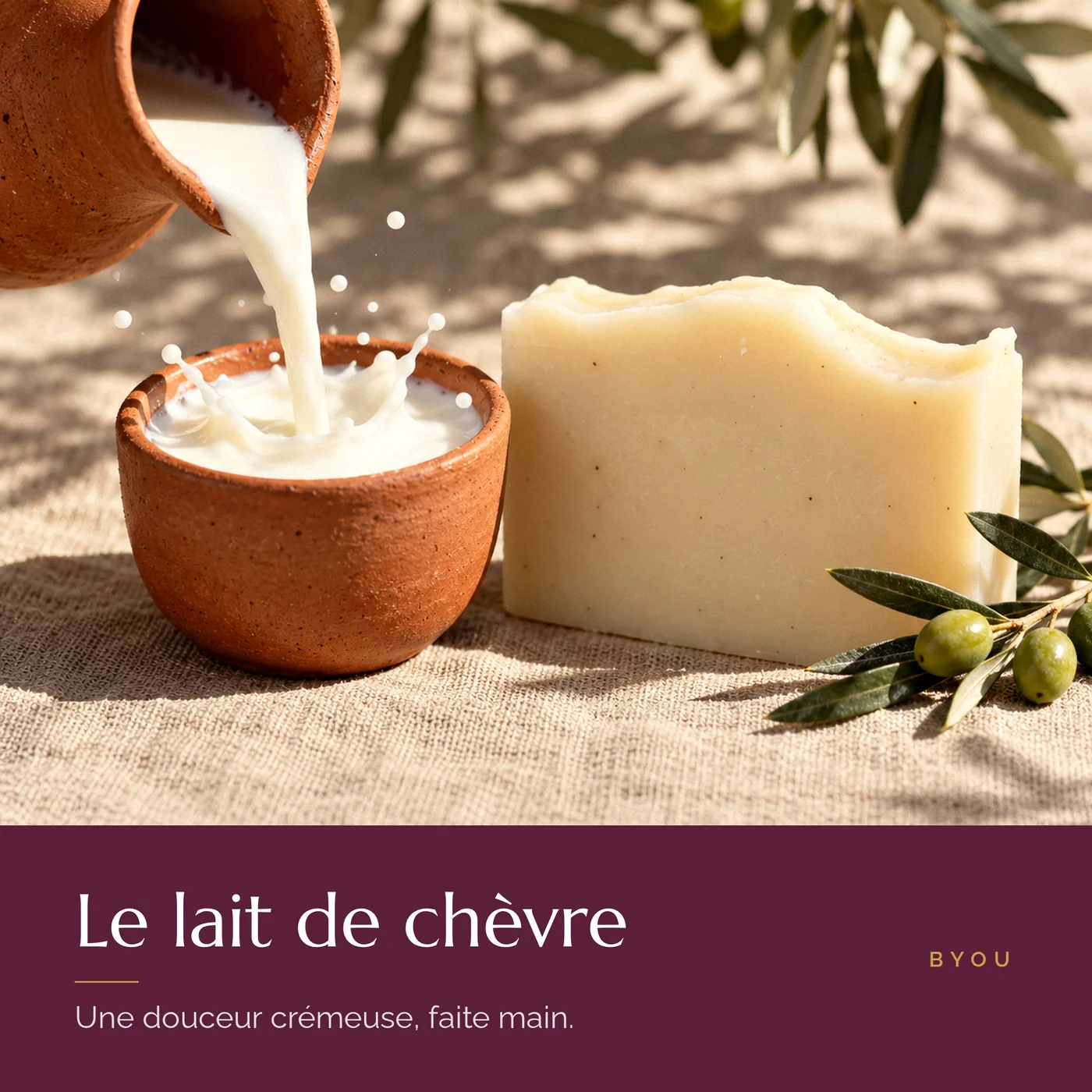 Lait de chèvre versé dans une tasse en terre cuite à côté du savon artisanal