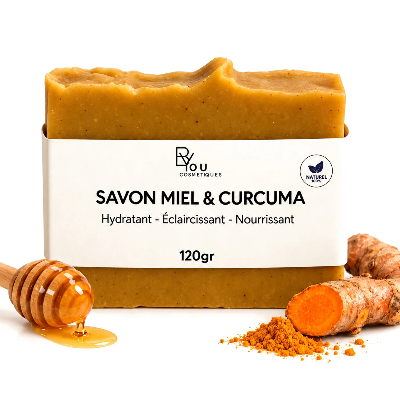 Savon artisanal miel et curcuma BYOU, 120 g, avec cuillère à miel et racines de curcuma