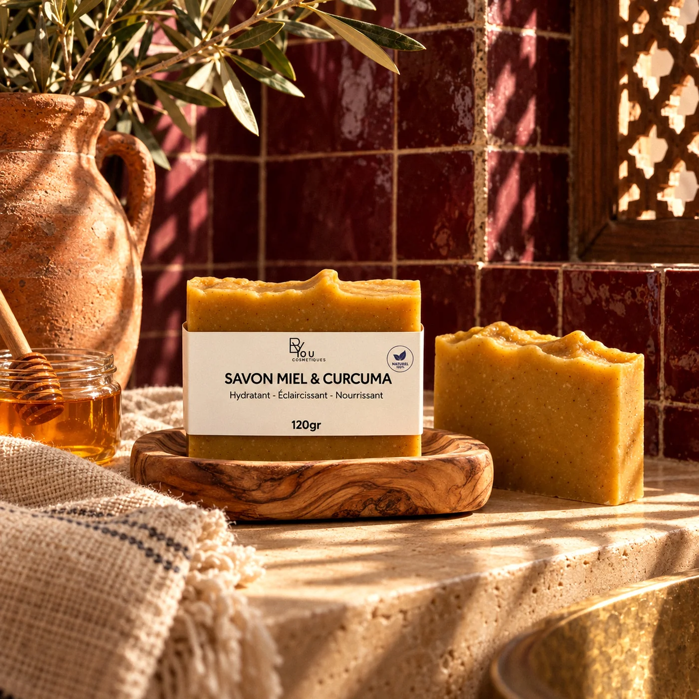 Savon miel et curcuma posé sur un porte-savon en bois dans une salle de bain marocaine