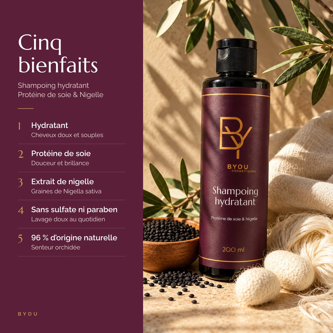 Cinq bienfaits du shampooing hydratant BYOU à la protéine de soie et à la nigelle