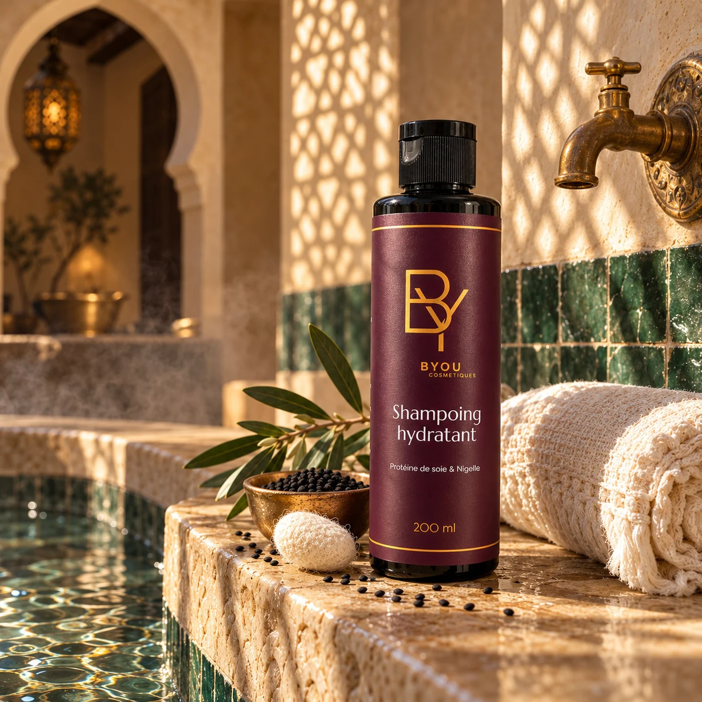 Shampooing hydratant BYOU posé au bord d’un bassin de hammam en zellige