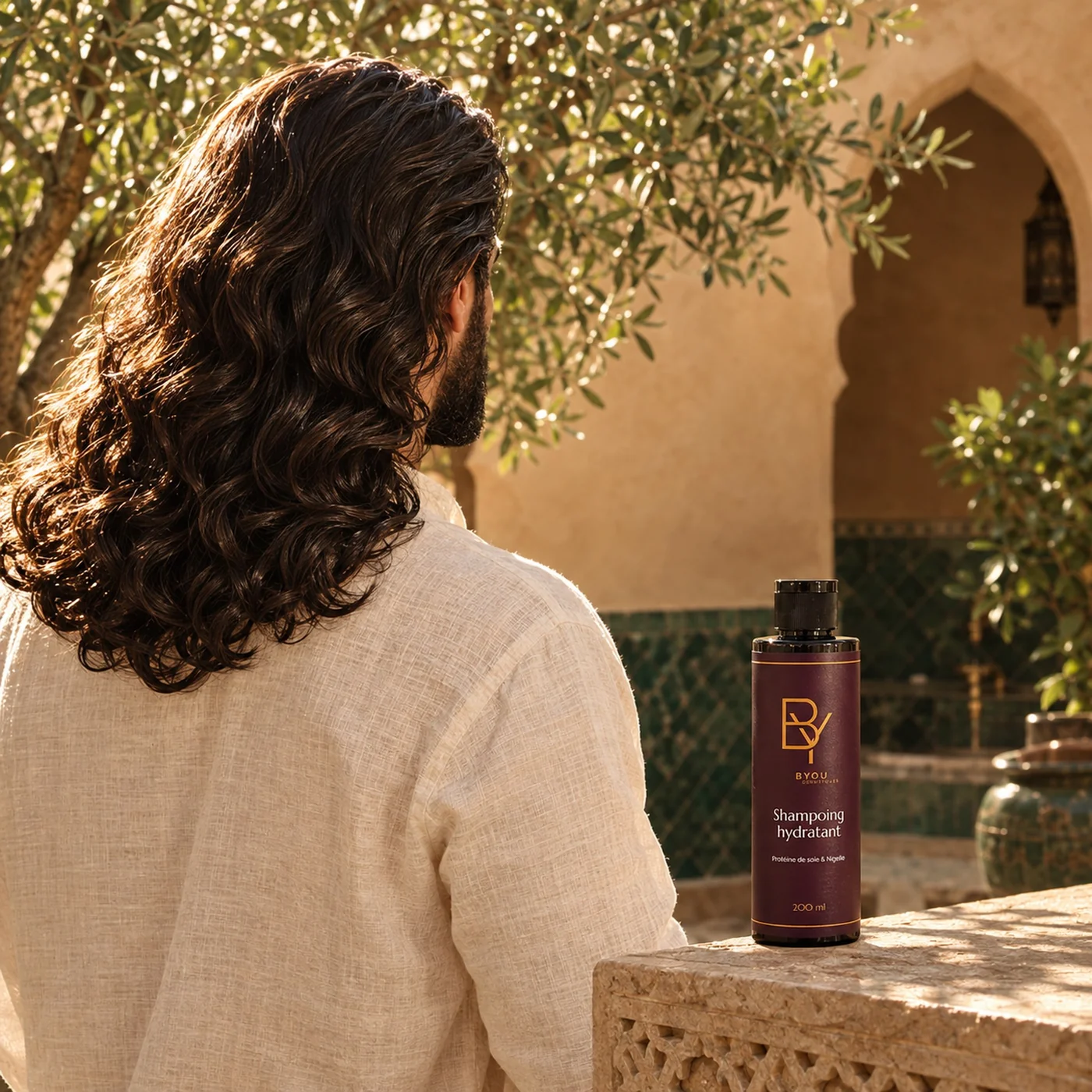 Homme aux longs cheveux brillants et forts après le shampooing hydratant BYOU Protéine de soie & Nigelle 200 ml