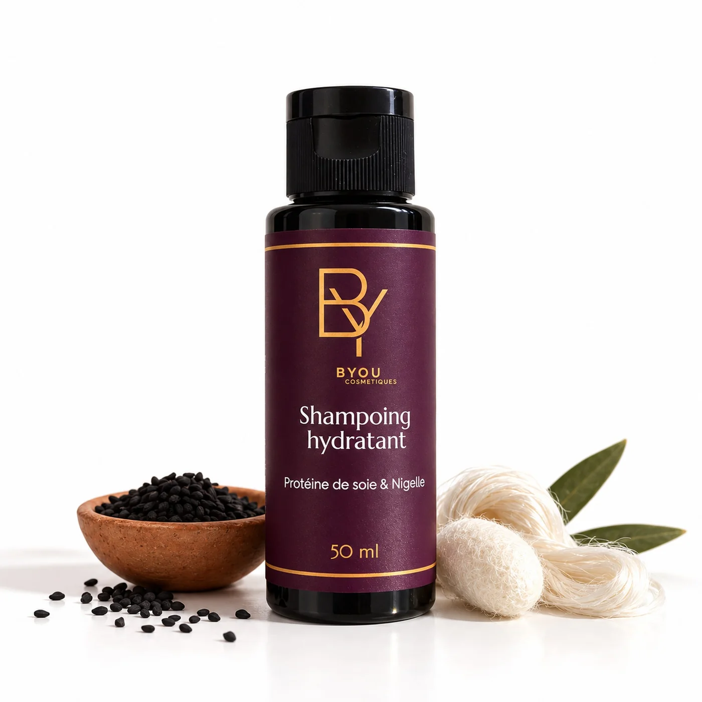 Shampooing hydratant BYOU Protéine de soie & Nigelle 50 ml, format voyage