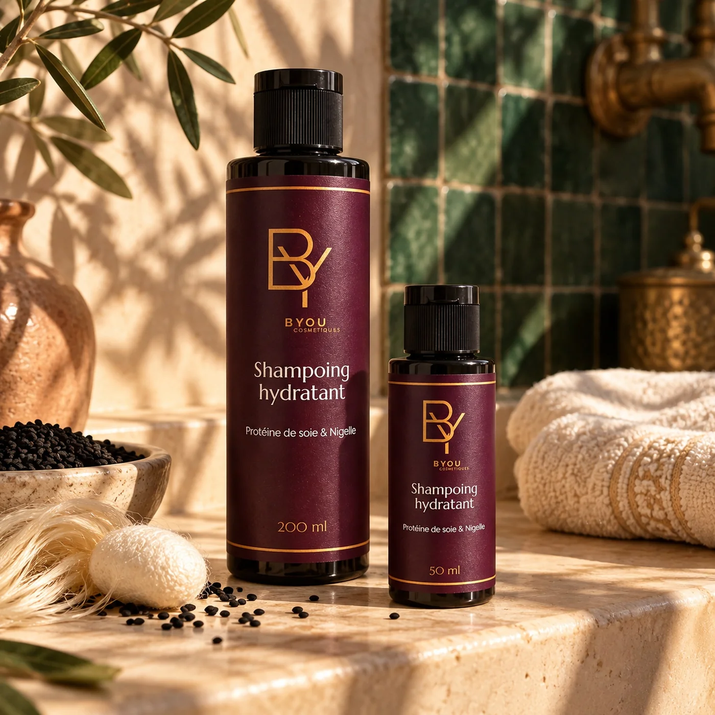 Shampooing hydratant BYOU en formats 50 ml et 200 ml dans une salle de bain marocaine