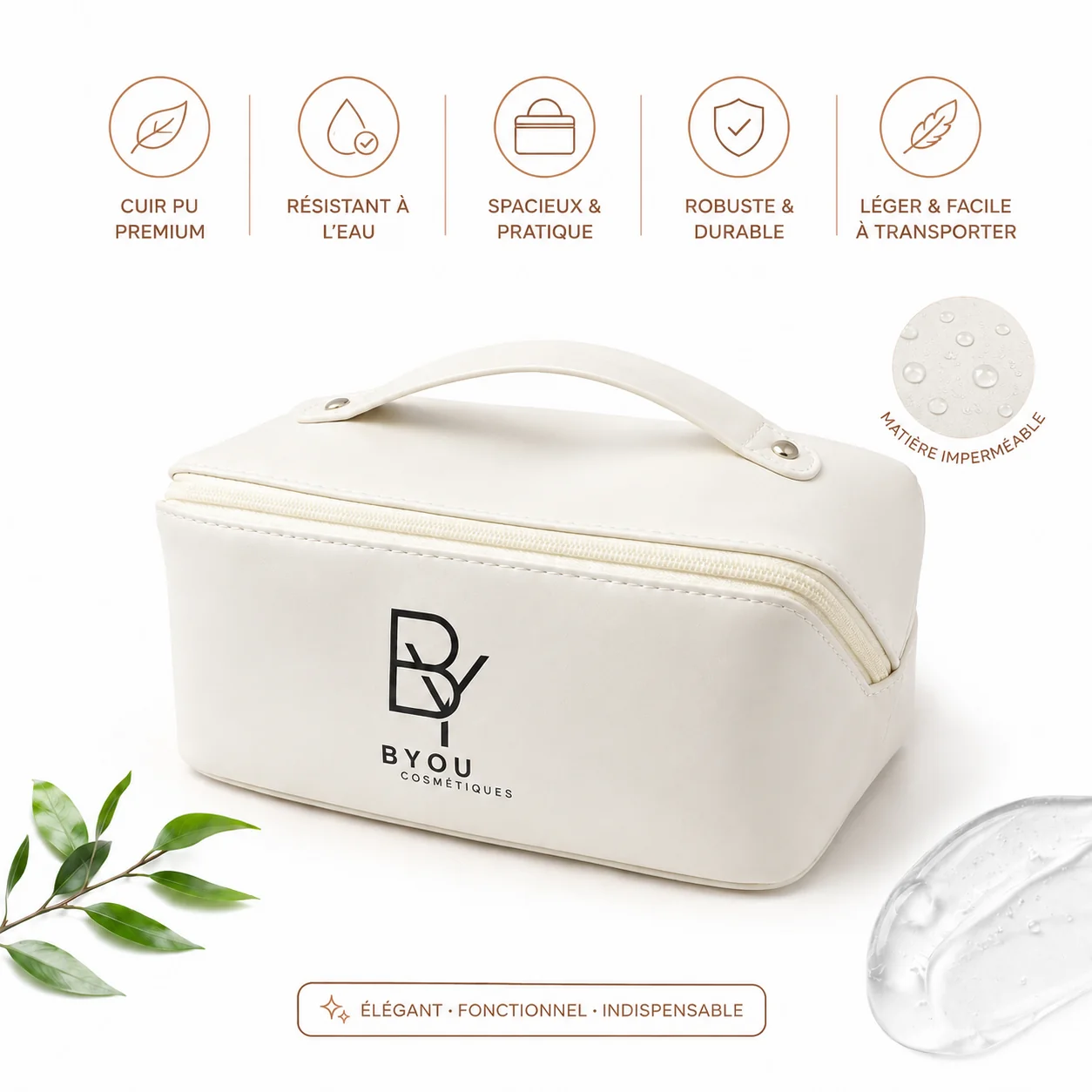 Trousse de Toilette & Maquillage — Cuir Végan Grande Capacité — Ivoire — cosmétique naturel Byou