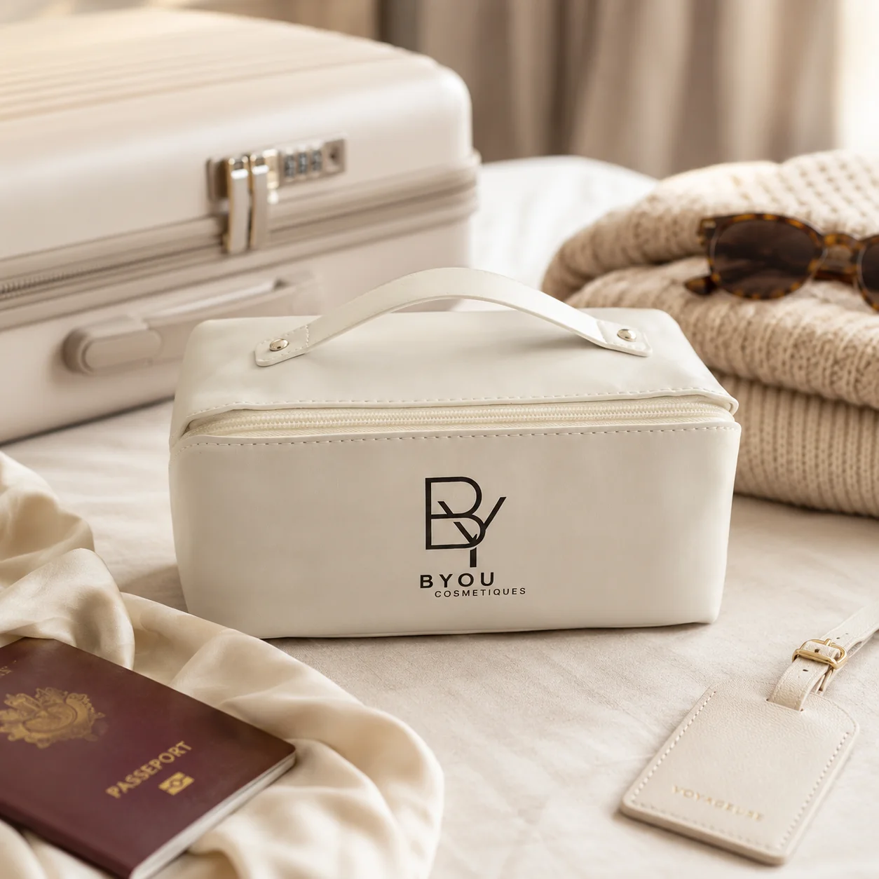 Trousse de Toilette & Maquillage — Cuir Végan Grande Capacité — Ivoire