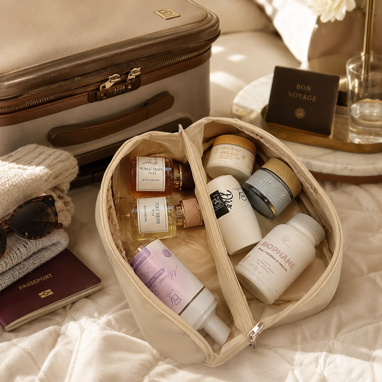 Trousse de Toilette & Maquillage — Cuir Végan Grande Capacité — Ivoire